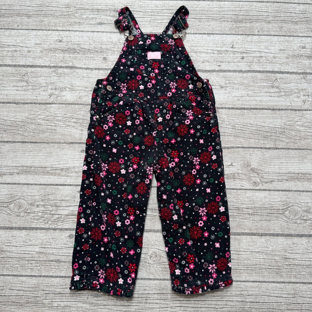OshKosh B'gosh Bib Overalls Toddler 24M Black Corduroy Floral Snowflake Holiday